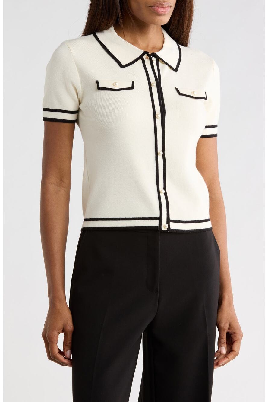 Jason Wu Cream Pearly Button Short Sleeve Crop Polo M Quiet Luxury Coquette